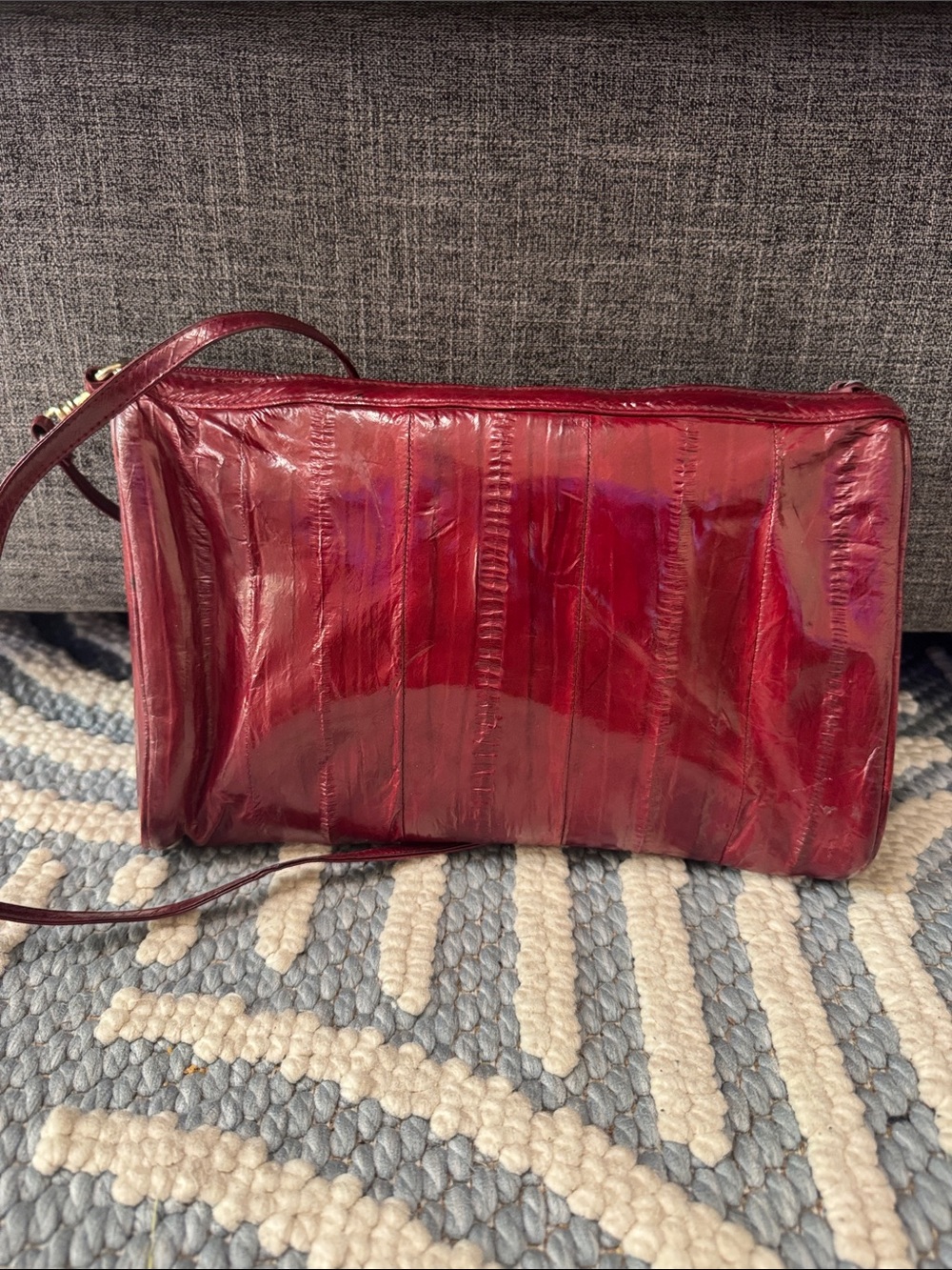 Vintage Korean Eel Skin Leather Burgundy Crossbody Shoulder Bag - Picture 2 of 10